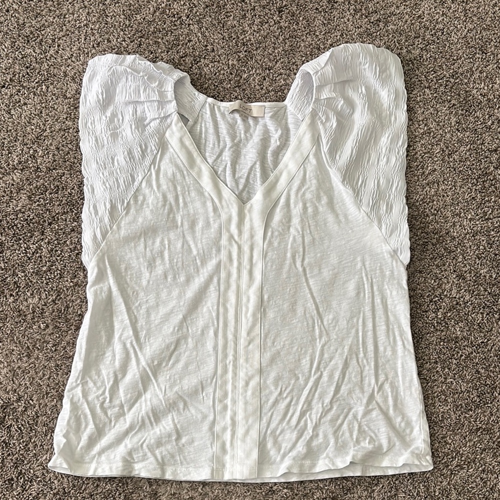 LOFT White Ruffled Bib Collar Blouse